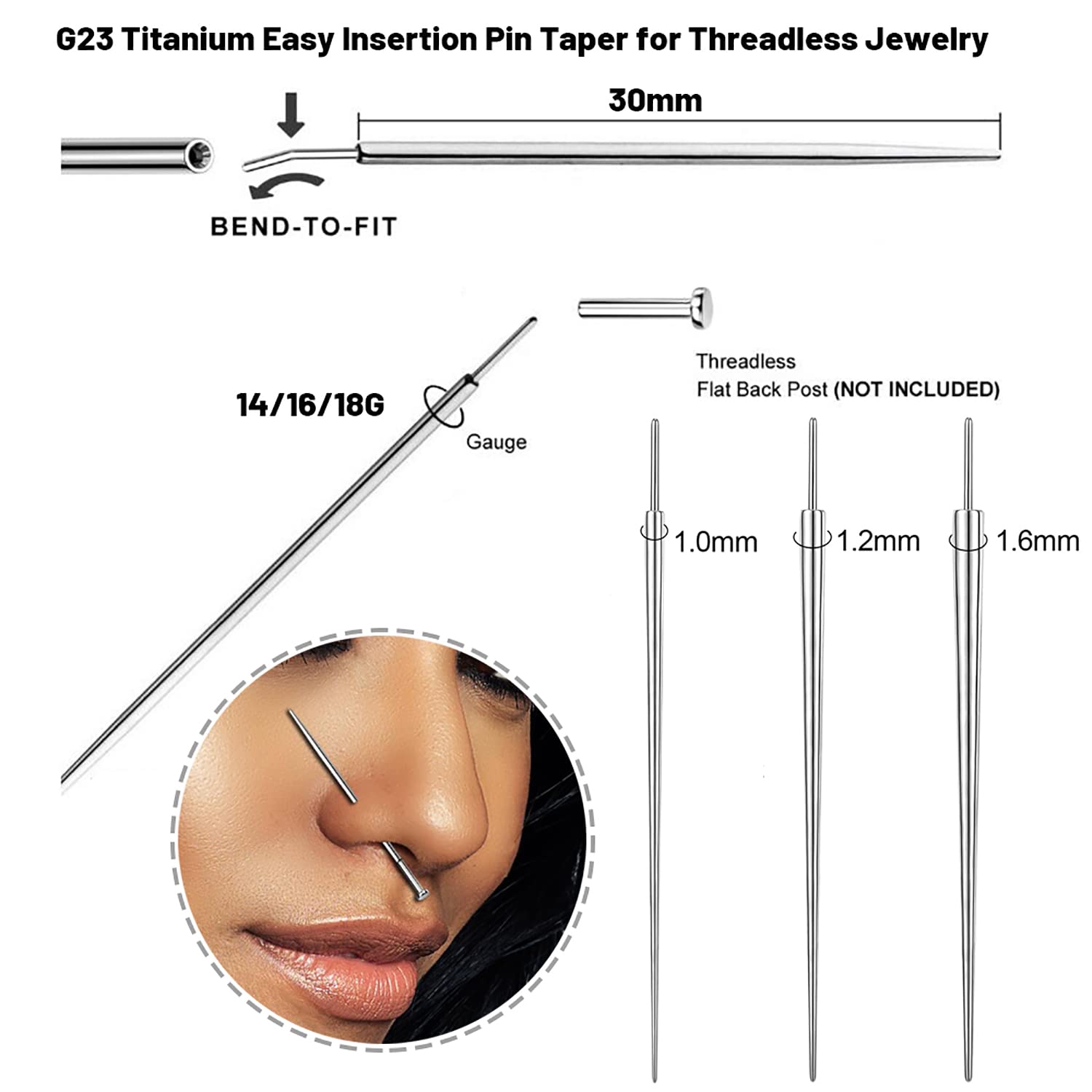 ZS 18/16/14G G23 Titanium Insertion Pin Taper for Nose Ear Navel Lip Threadless Piercings Jewelry Kit, 4Pcs Push in Body Piercing Stretching Kit Assistant Tool (18G)