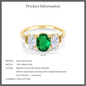 Gem Stone King 10K Yellow Gold Moissanite and Green Simulated Emerald Women 3-Stone Diamond Ring (1.79 Cttw) (Size 8)