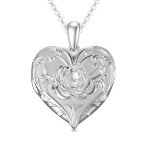 SOULMEET 18k White Gold Plated Silver Rose Locket Necklace That Holds 2 Pictures, 20" 10K White Gold Chain (Locket only)