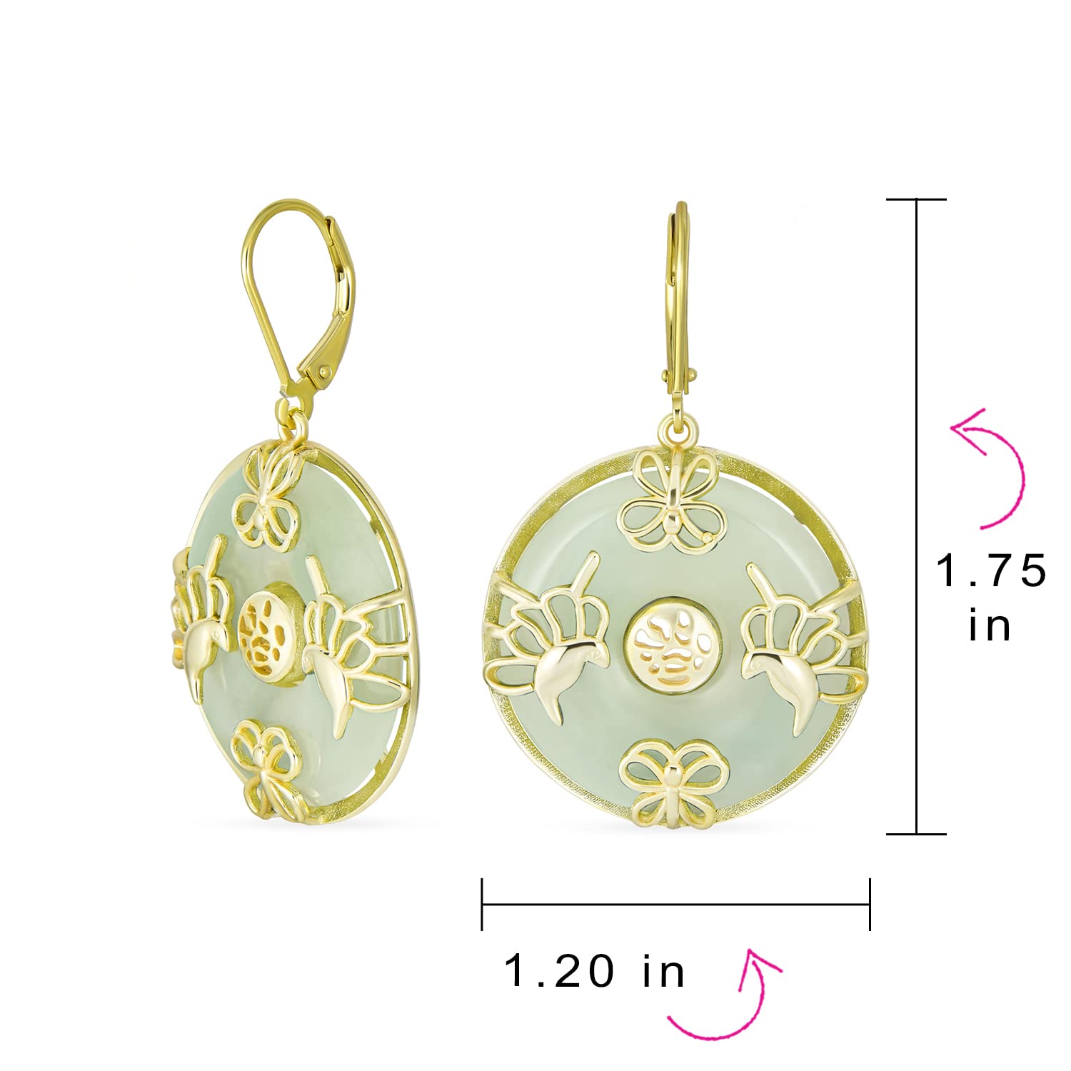 Asian Style Dangle Circle Round Donut Good Fortune Light Green Jade Butterfly Disc Drop Statement Earrings For Women 14K Gold Overlay .925 Sterling Silver Lever Back