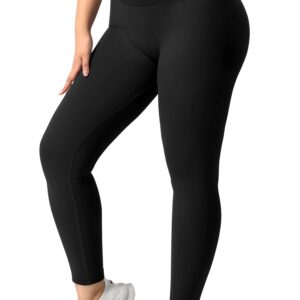 QOQ Women High Waist Workout Leggings Seamless Butt Lift Scrunch Booty Yoga Pants Vital Tummy Control Compression Tights Black XXL