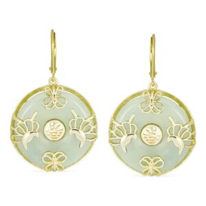 Asian Style Dangle Circle Round Donut Good Fortune Light Green Jade Butterfly Disc Drop Statement Earrings For Women 14K Gold Overlay .925 Sterling Silver Lever Back