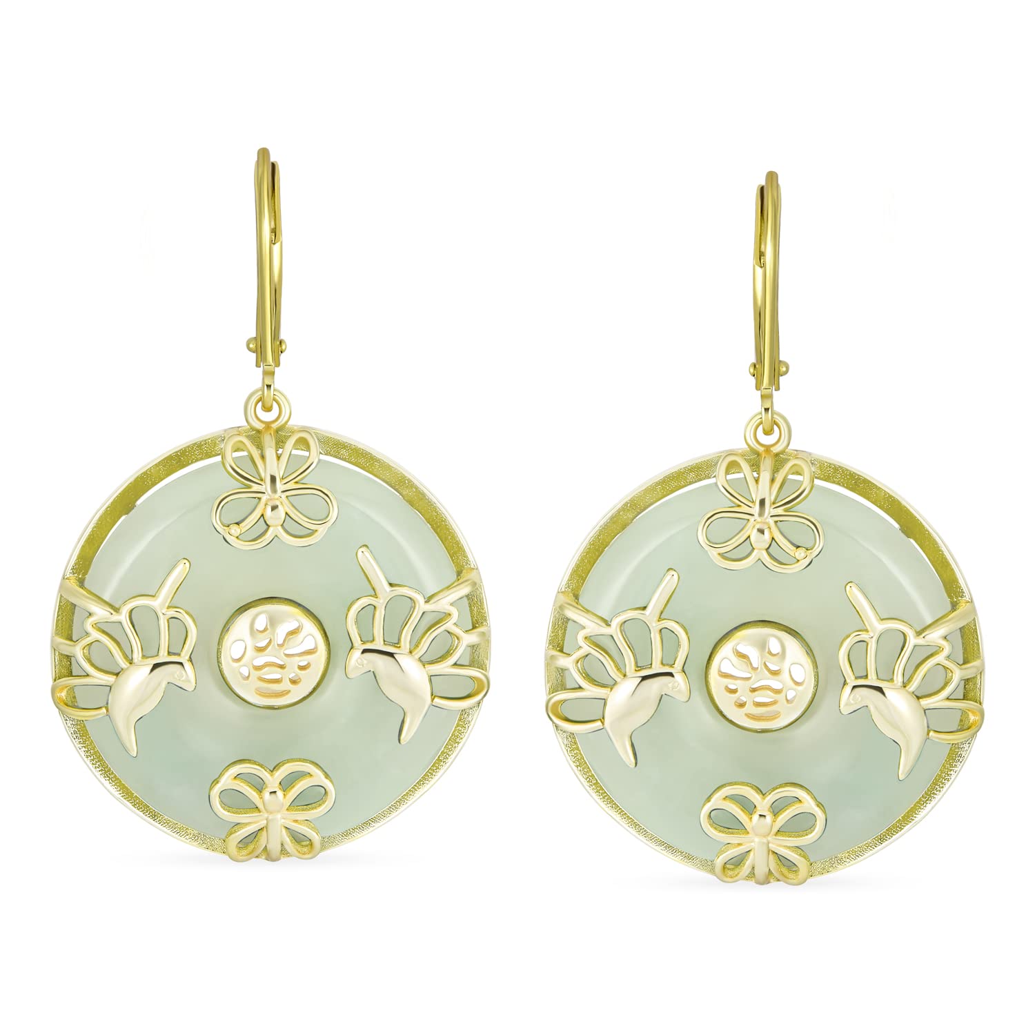 Asian Style Dangle Circle Round Donut Good Fortune Light Green Jade Butterfly Disc Drop Statement Earrings For Women 14K Gold Overlay .925 Sterling Silver Lever Back