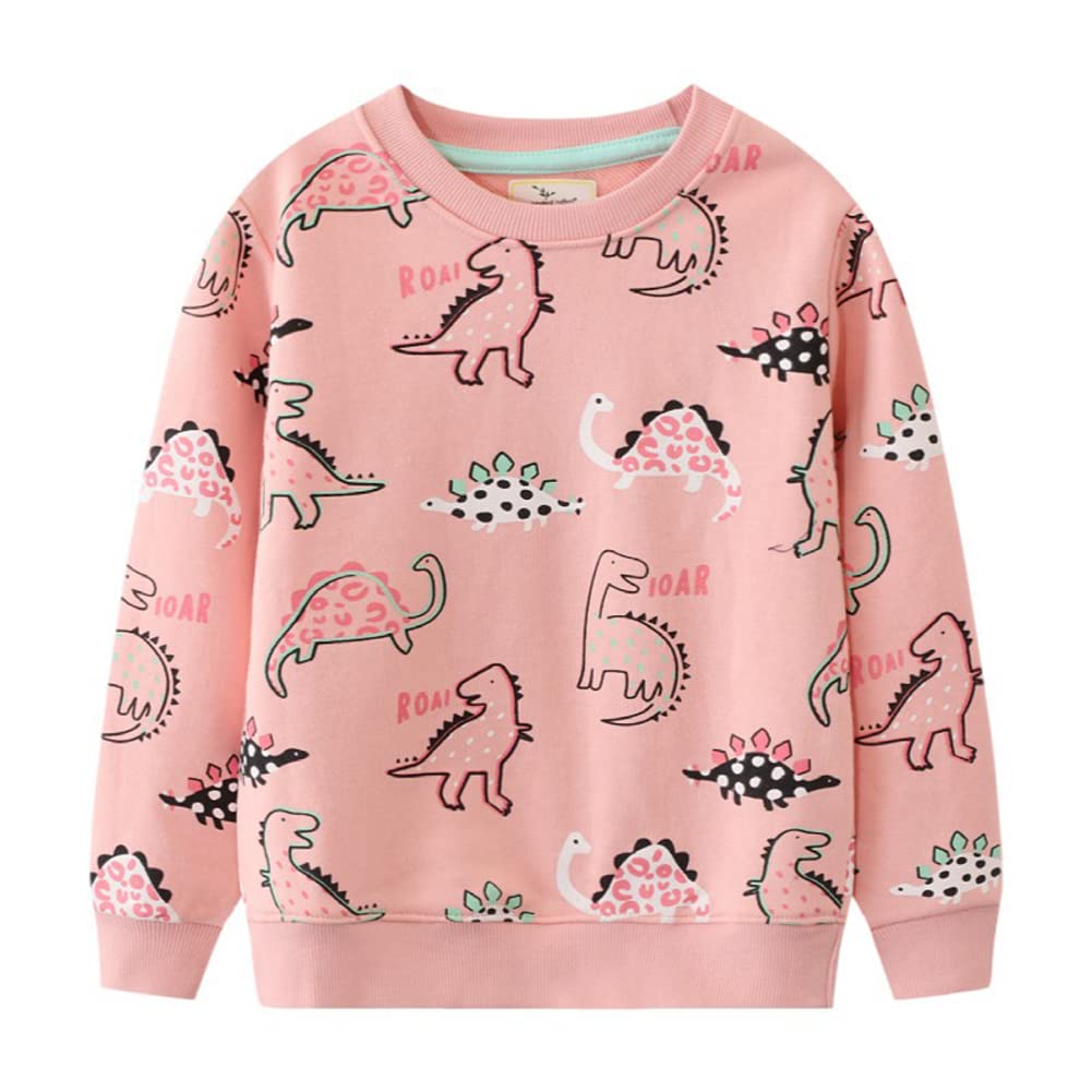 SUZEL Toddler Girl's Boy's Cotton Crewneck Sweatshirt Long Sleeve Casual Pullover Shirts(Pink & Dinosaur, 4T)