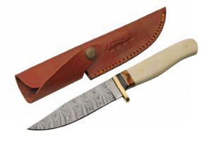 szco supplies 9” bone handle full tang damascus steel outdoor hunting knife with sheath,white