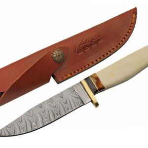 SZCO Supplies 9” Bone Handle Full tang Damascus Steel Outdoor Hunting Knife With Sheath,White