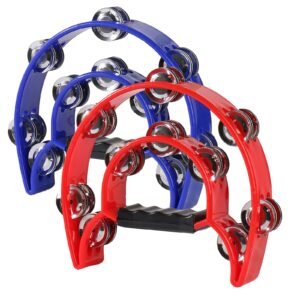 2pack double row tambourine for adult,hand held metal jingles percussion percussion-half moon tambourine drum musical,for adult,church, ktv, party and gifts (blue+red)