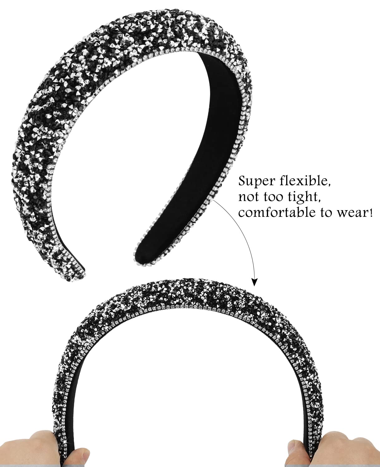 Wecoe Black Headband Rhinestone Headband Women Bling Diamond Padded Headband Glitter Sparkle Headbands Fashion Headbands Hair Accessories Gifts For Women Girls (Black & Silver)