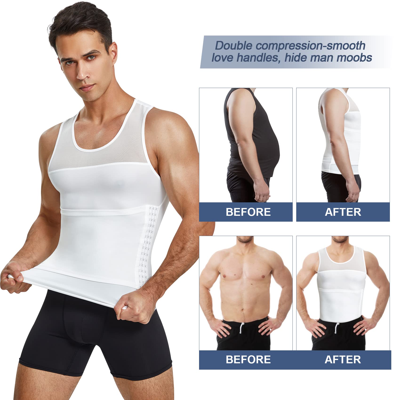 MOLUTAN Compression Shirts for Men Shapewear Chest Abdomen Control Body Shaper Slimming Undershirt Workout Vest Tank Top White