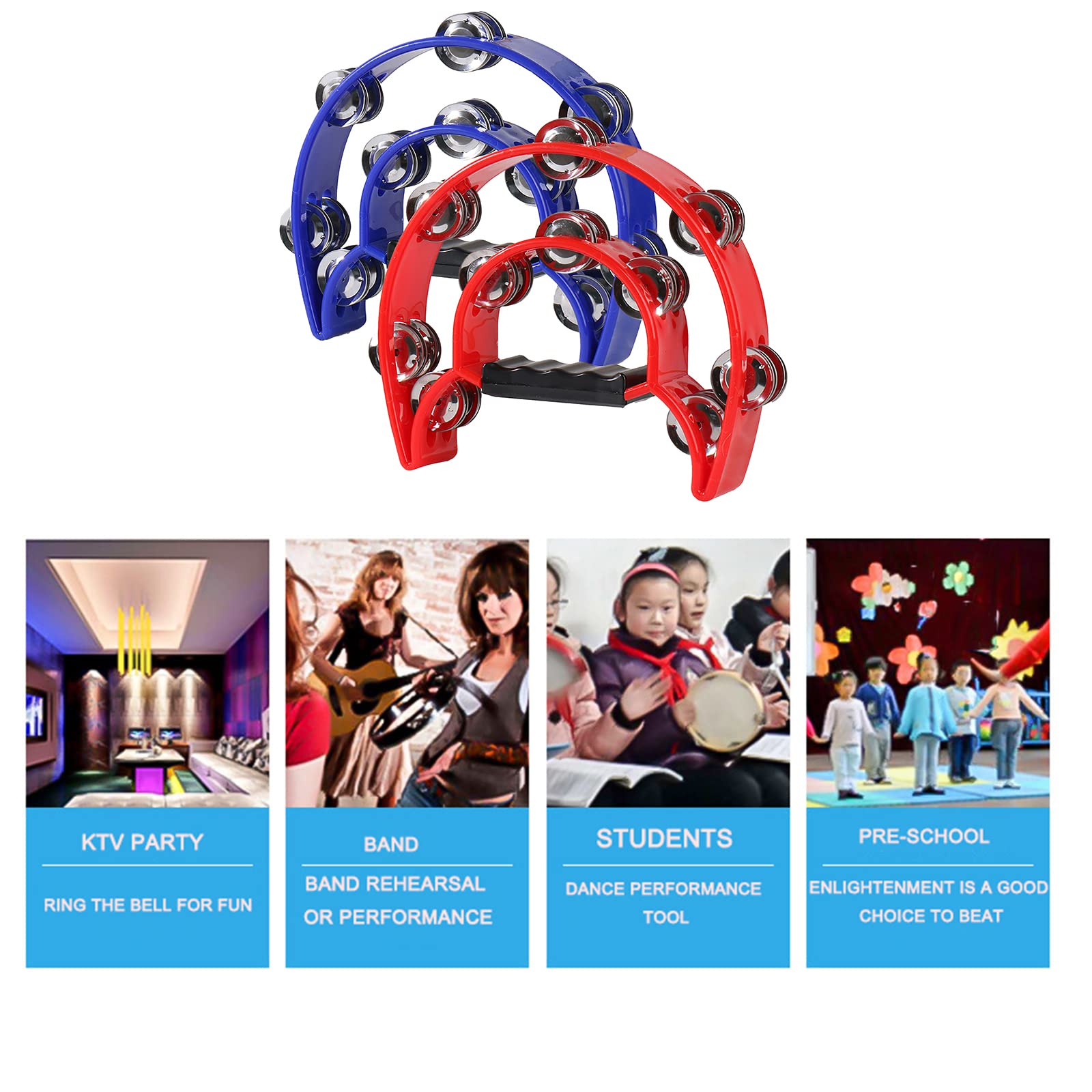 2Pack Double Row Tambourine for Adult,Hand Held Metal Jingles Percussion Percussion-Half Moon Tambourine Drum Musical,for Adult,Church, KTV, Party and Gifts (Blue+Red)