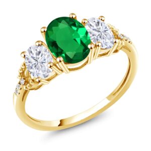 Gem Stone King 10K Yellow Gold Moissanite and Green Simulated Emerald Women 3-Stone Diamond Ring (1.79 Cttw) (Size 8)