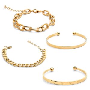 pera jewelry 14k gold and silver plated layered bracelet sets, 4 pieces, adjustable layered link bracelets sets, stainless steel, no gemstone