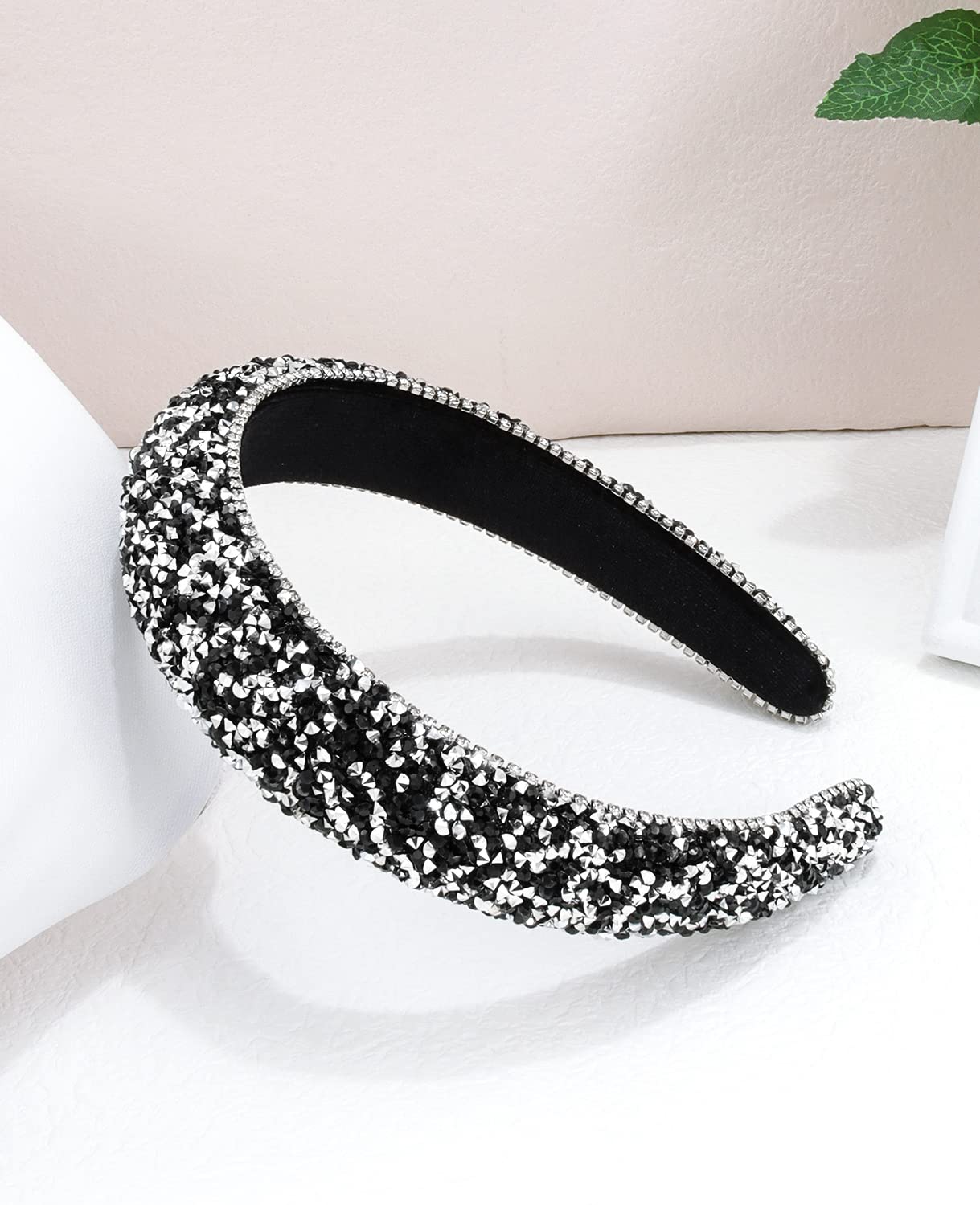 Wecoe Black Headband Rhinestone Headband Women Bling Diamond Padded Headband Glitter Sparkle Headbands Fashion Headbands Hair Accessories Gifts For Women Girls (Black & Silver)