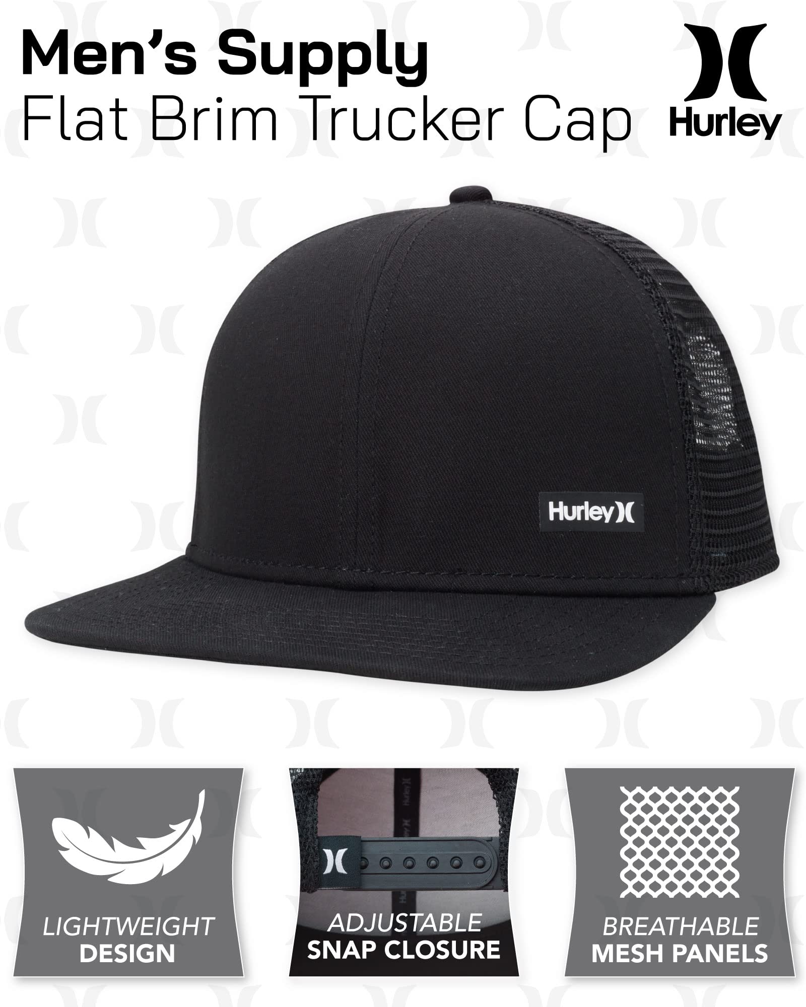 Hurley Men's Caps - Flat Brim Snap Back Baseball Cap Supply Trucker Hats for Men, Size One Size, Black