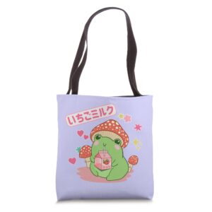 cottagecore art kawaii frog strawberry milk japanese graphic tote bag