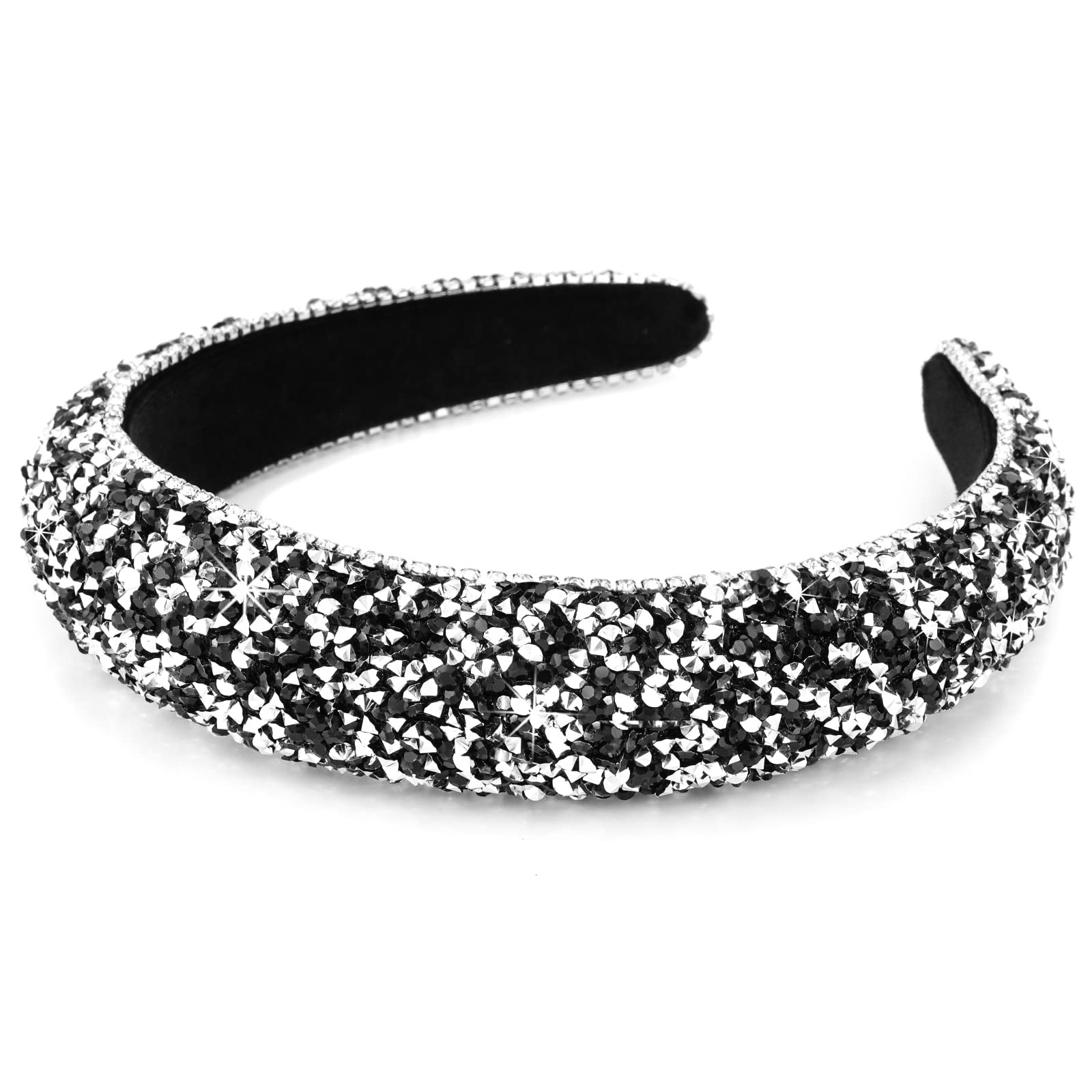 Wecoe Black Headband Rhinestone Headband Women Bling Diamond Padded Headband Glitter Sparkle Headbands Fashion Headbands Hair Accessories Gifts For Women Girls (Black & Silver)