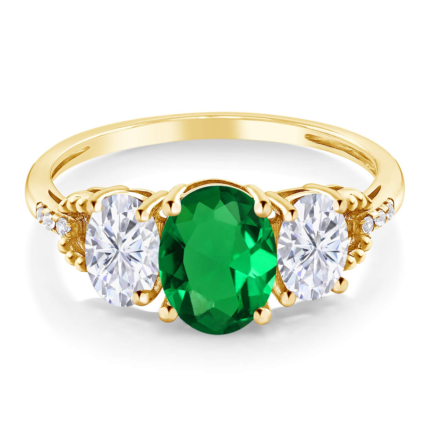 Gem Stone King 10K Yellow Gold Moissanite and Green Simulated Emerald Women 3-Stone Diamond Ring (1.79 Cttw) (Size 8)