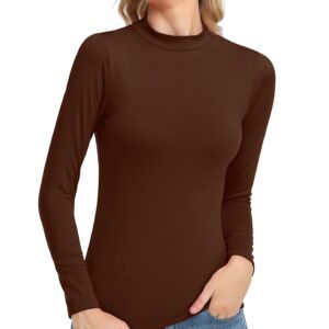 Women Thermal Shirt Fleece Lined Long Sleeve Soft Stretchy Mock Neck Tee Tops Coffee Small