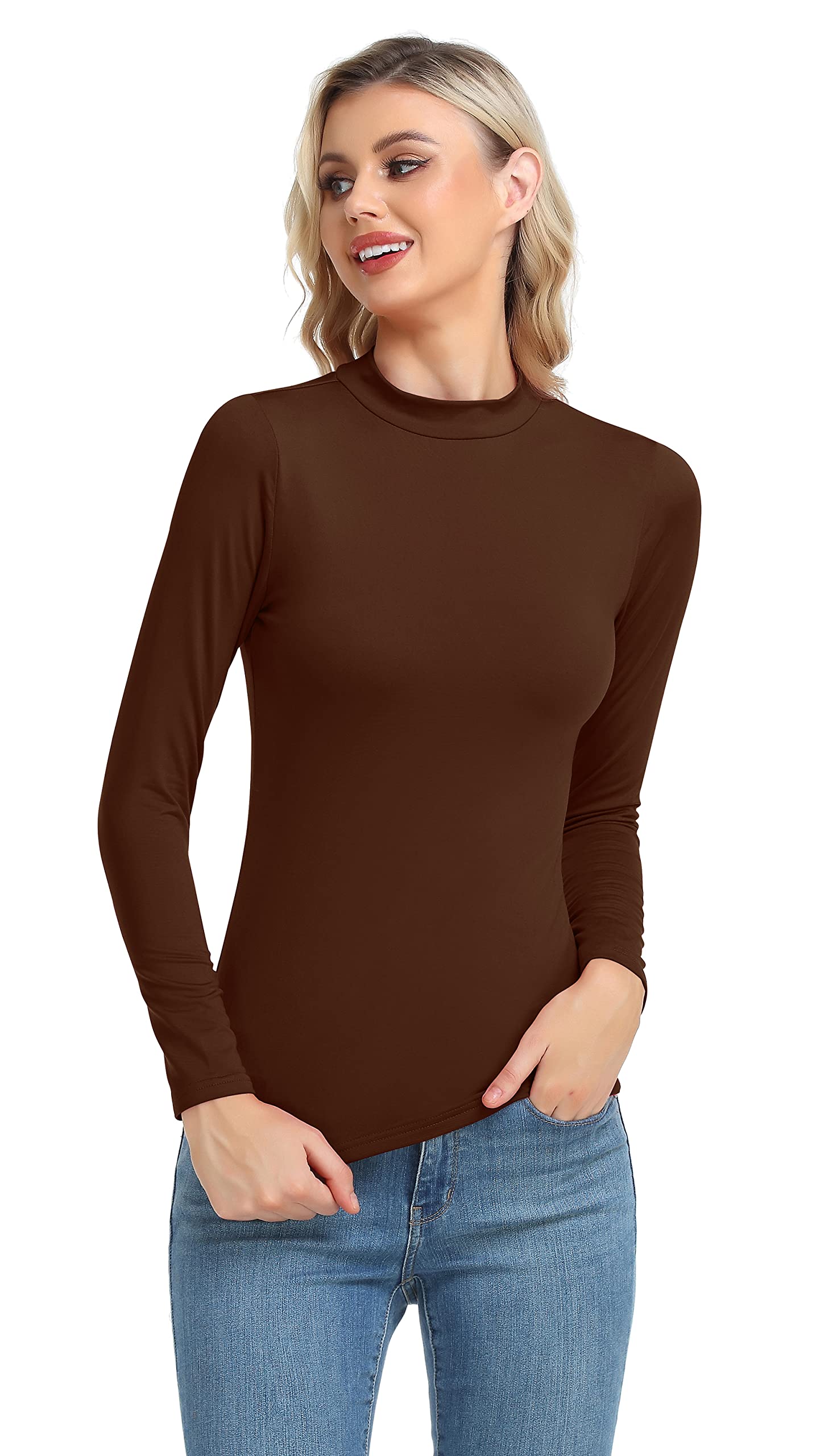 Women Thermal Shirt Fleece Lined Long Sleeve Soft Stretchy Mock Neck Tee Tops Coffee Small