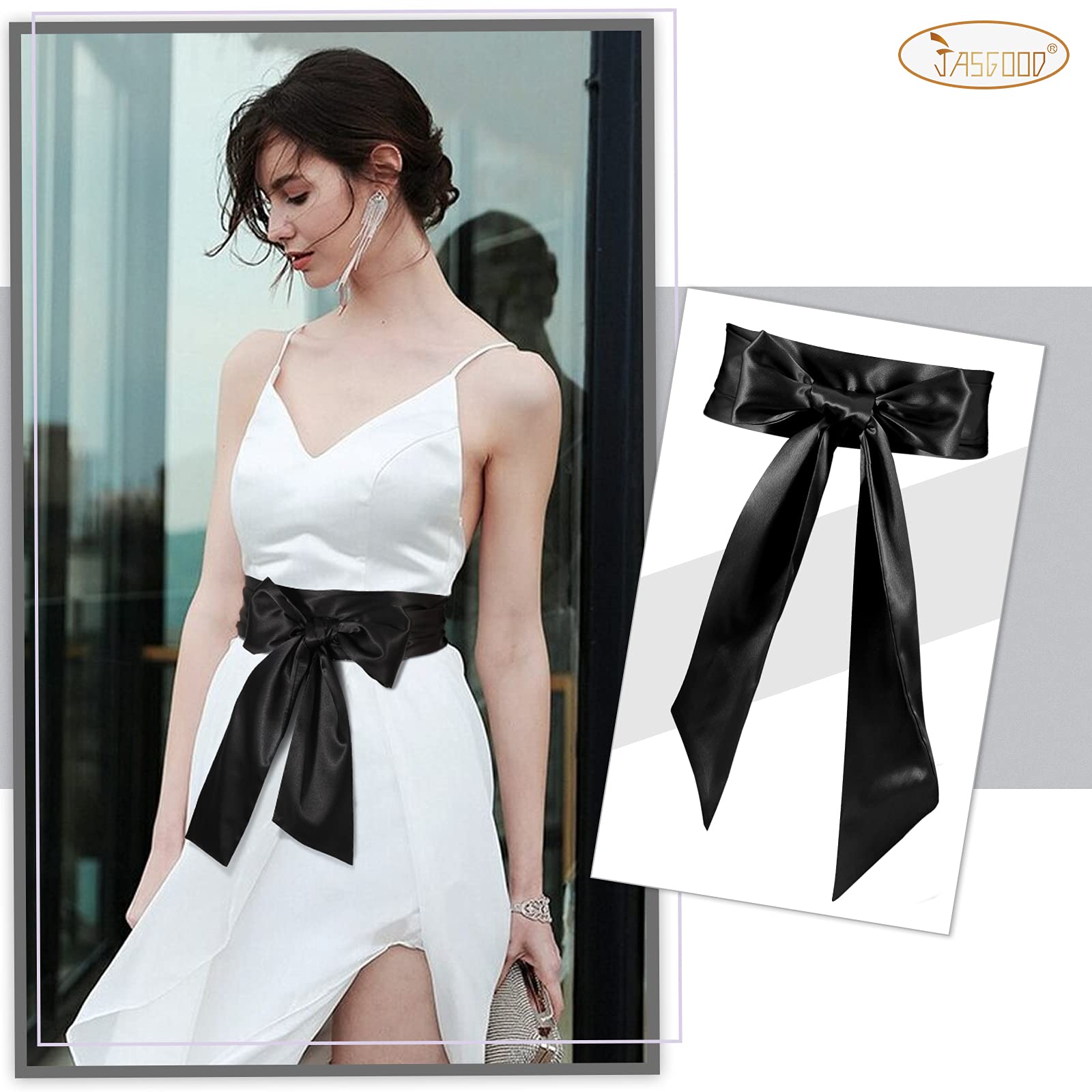 JASGOOD Black Sash Belt for Dress Women Wide Satin Waist Belt for Wedding Party Special Occasion 3.7" Width(Black,One Pcs)