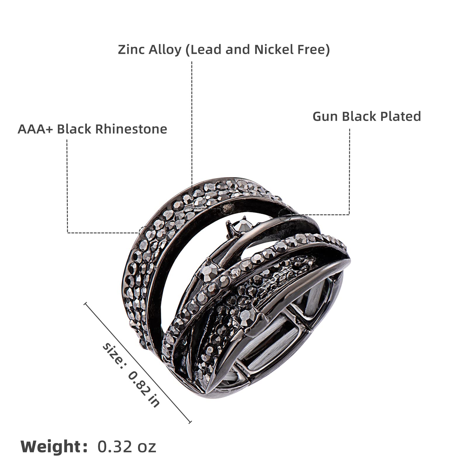 Luxurious Fashion Gun Black Plated Rhinestone Crystal Elastic Adjustable Stretch Adjustable Costume Cocktail Rings for Women