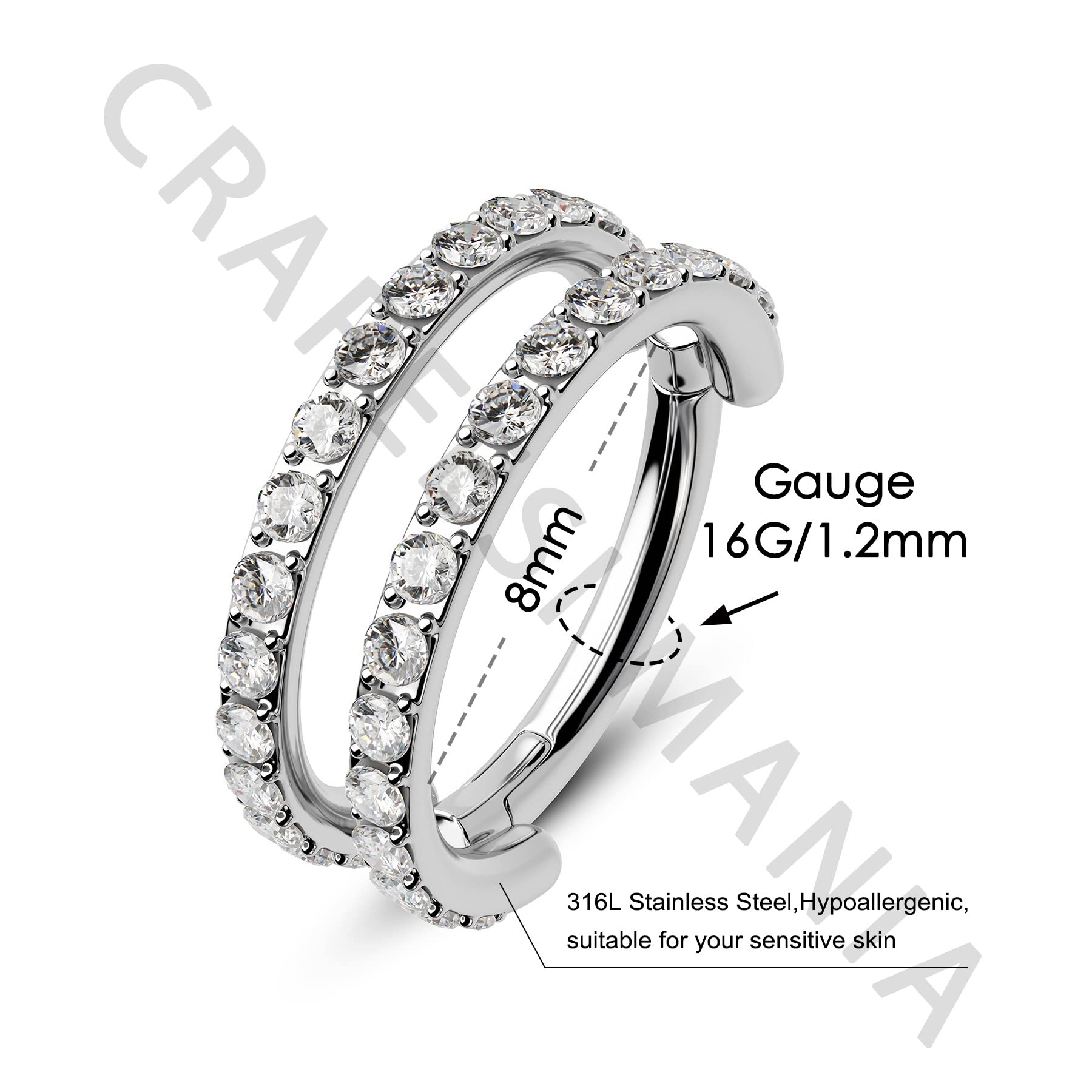 CM Crareesi Mania Helix Piercing Hoop 16G Stainless Steel Cartilage Earrings Double Lined Clear CZ Hinged Segment Clicker Ring 8mm Silver Daith Conch Tragus Piercing Jewelry Septum Nose Hoop