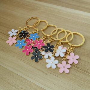 Meimimix Flowers Charms Enameled Keychain Chain Tassel Keyring For Women Girls Purse Bag Accessories Jewellery (Pink)