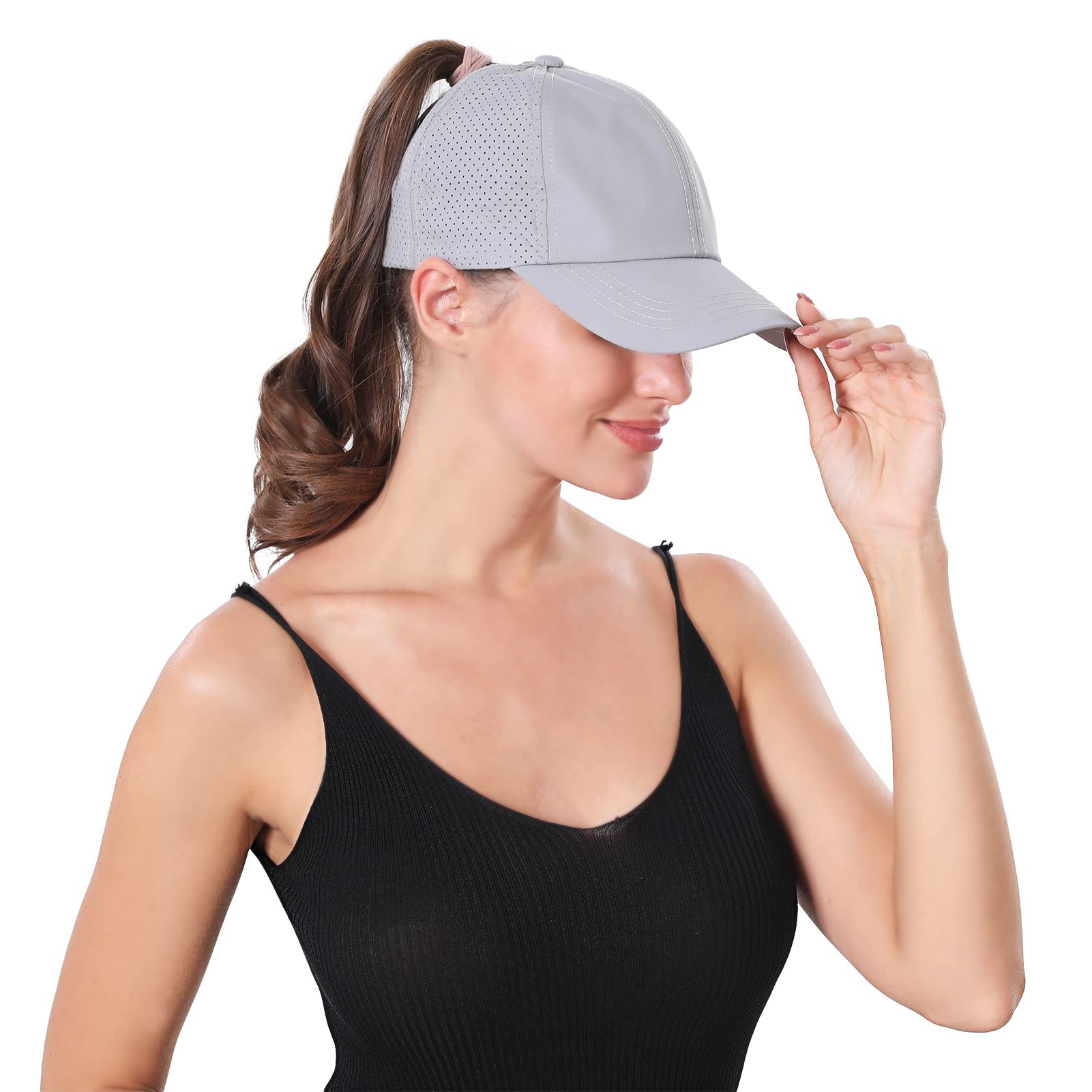 ZTL Women's High Ponytail Baseball Cap Performance Running Hat Quick Dry Mesh Sports Cap Adjustable Unstructured Dad Trucker Hats Light Grey