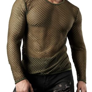 JOGAL Men's Mesh Fishnet Fitted Long Sleeve Muscle Top Small WG04 ArmyGreen