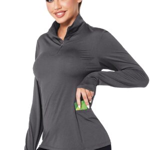 Women Quarter Zip Athletic Pullover Lightweight Long Sleeve Golf Polo Shirts Half Zip Workout Top Grey M