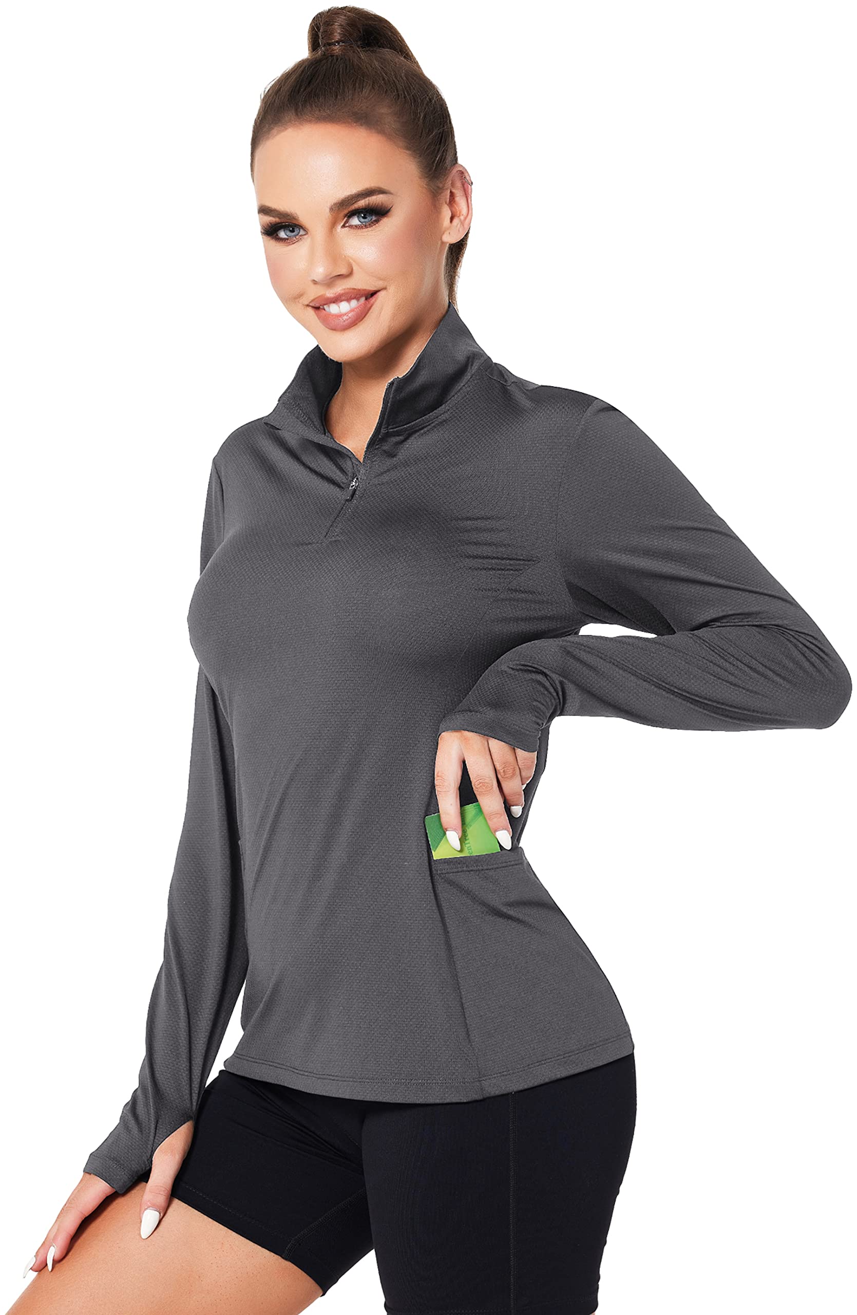 Women Quarter Zip Athletic Pullover Lightweight Long Sleeve Golf Polo Shirts Half Zip Workout Top Grey M