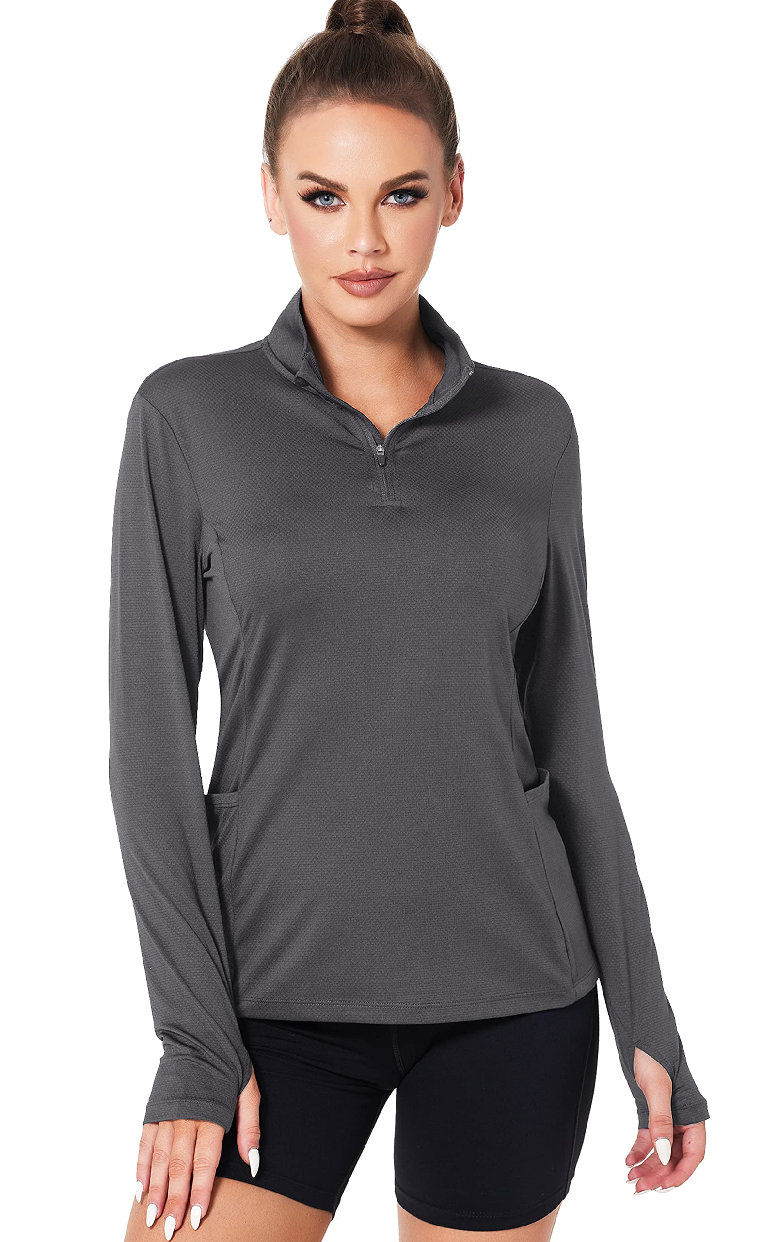 Women Quarter Zip Athletic Pullover Lightweight Long Sleeve Golf Polo Shirts Half Zip Workout Top Grey M