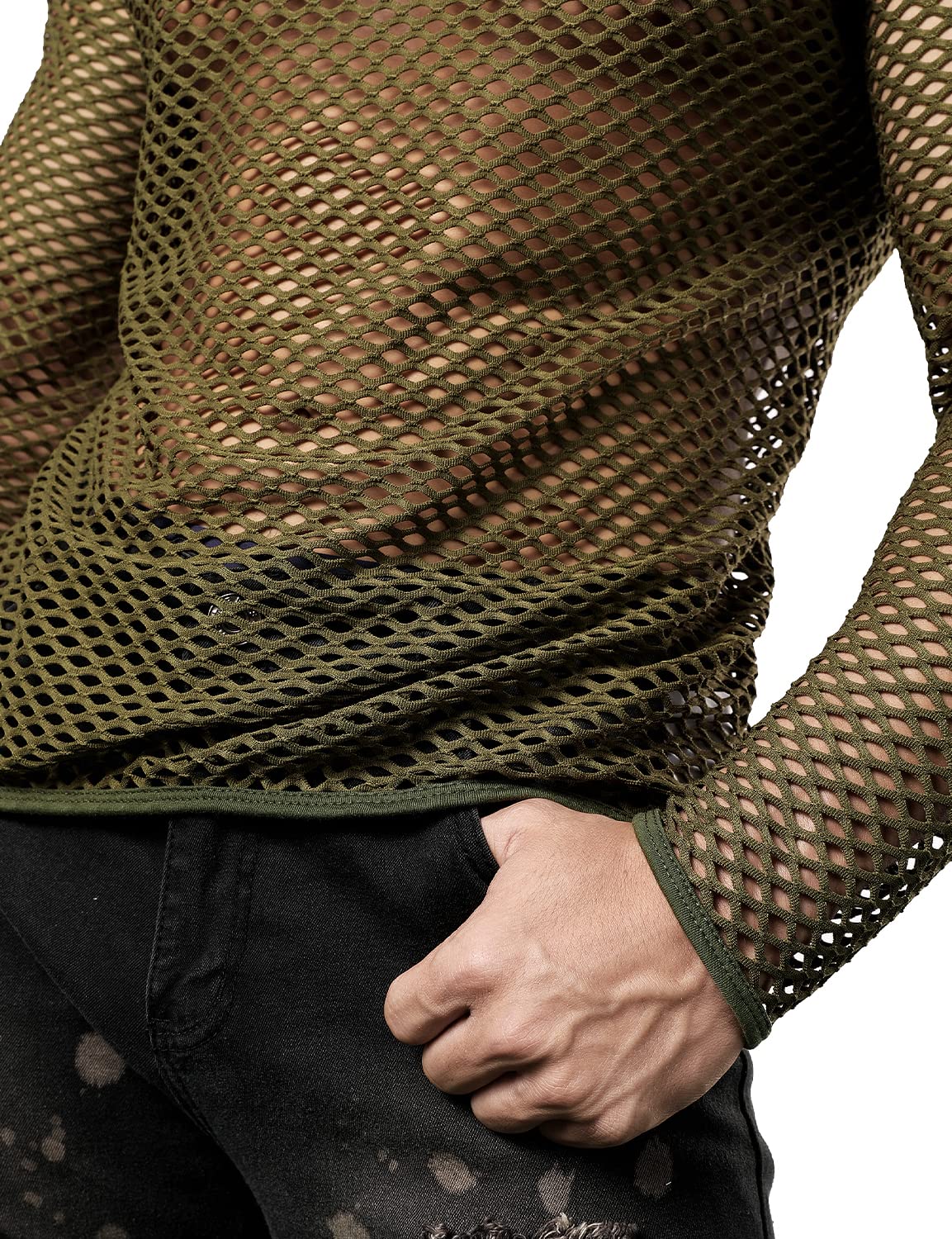 JOGAL Men's Mesh Fishnet Fitted Long Sleeve Muscle Top Small WG04 ArmyGreen