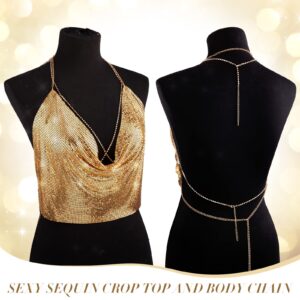 SATINIOR Shiny Tank Top for Women Crystal Body Neck Chain Sequin Tops with Nipple Pasties Double Sided Tape Party(Gold)