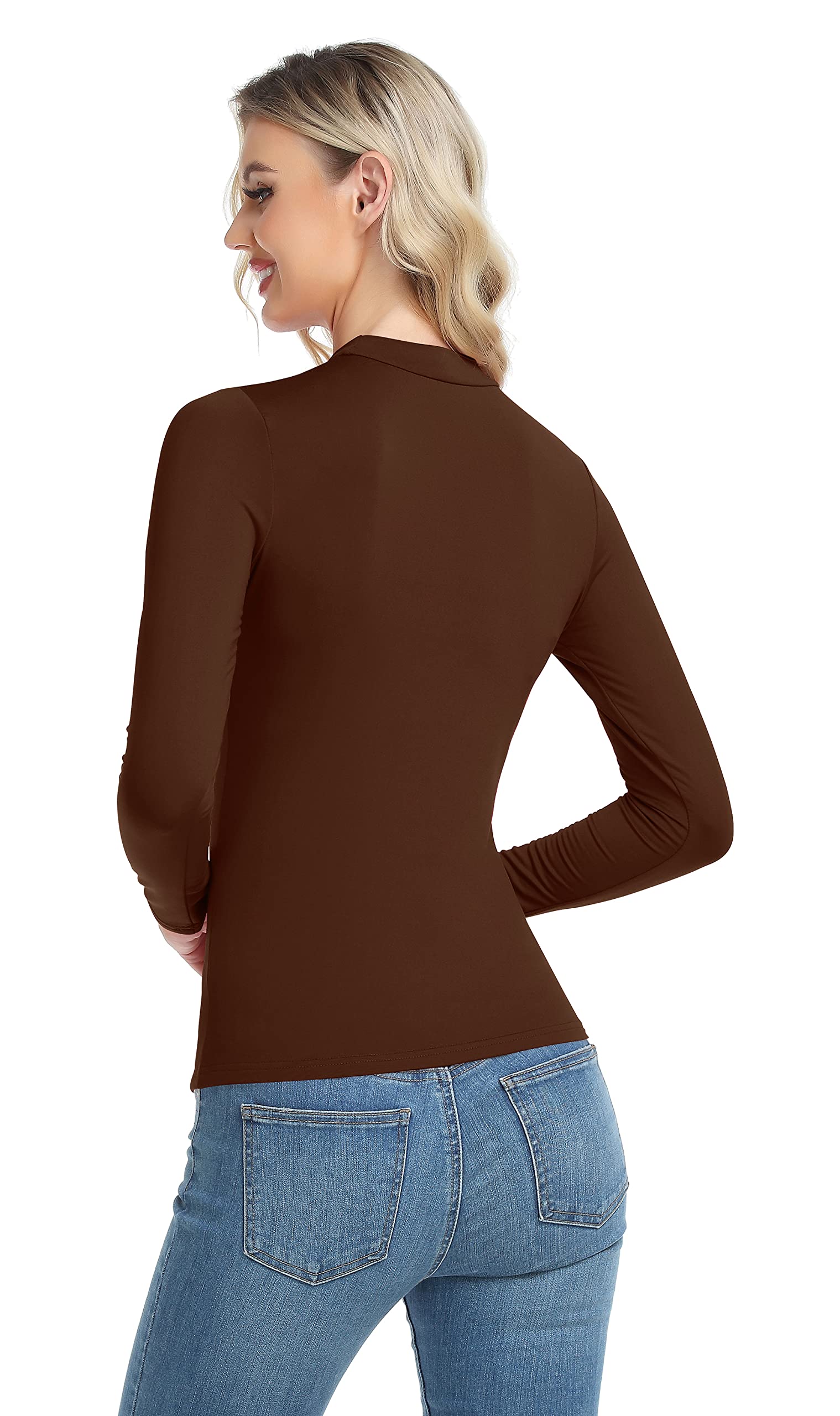 Women Thermal Shirt Fleece Lined Long Sleeve Soft Stretchy Mock Neck Tee Tops Coffee Small