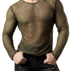 JOGAL Men's Mesh Fishnet Fitted Long Sleeve Muscle Top Small WG04 ArmyGreen