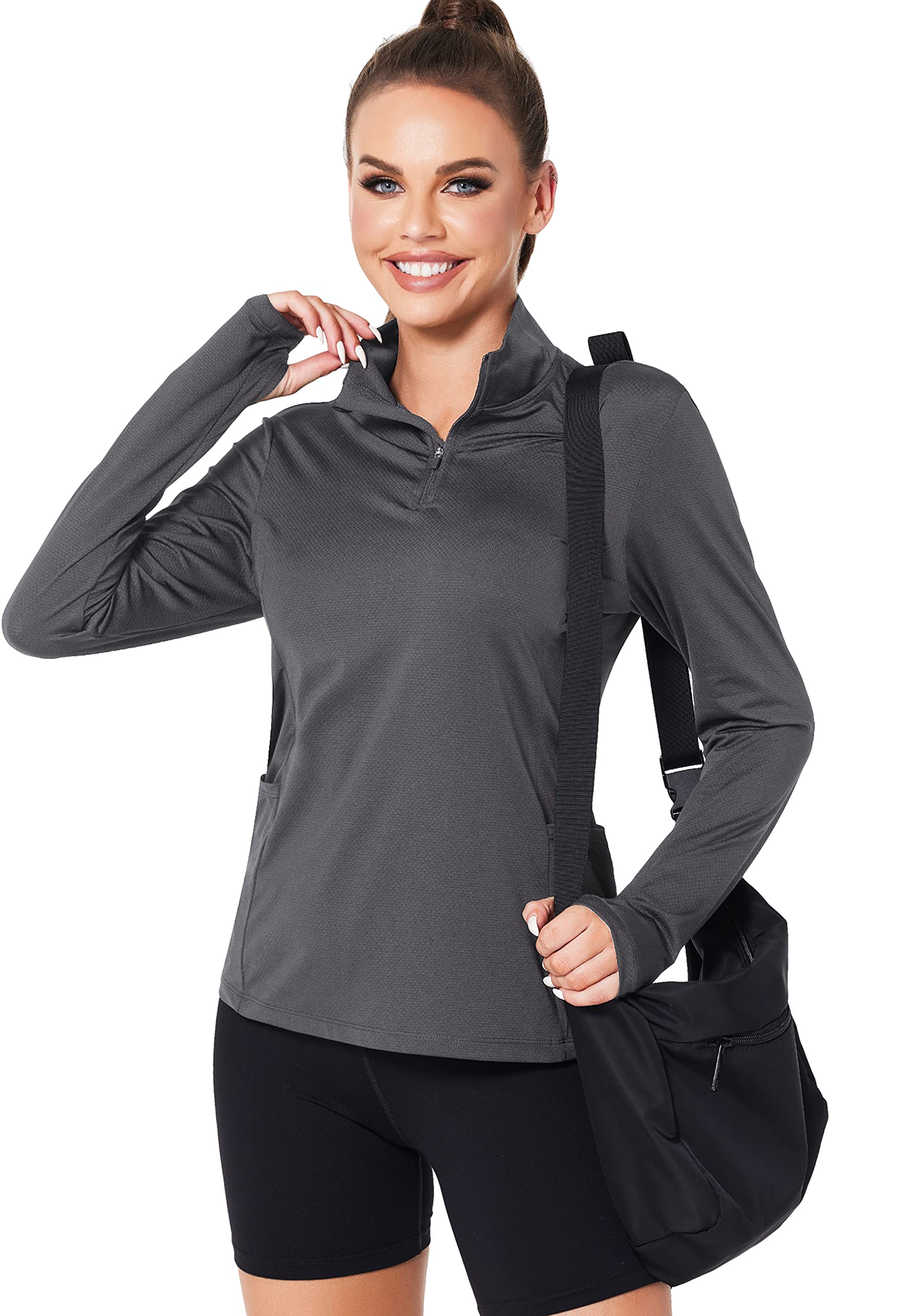 Women Quarter Zip Athletic Pullover Lightweight Long Sleeve Golf Polo Shirts Half Zip Workout Top Grey M