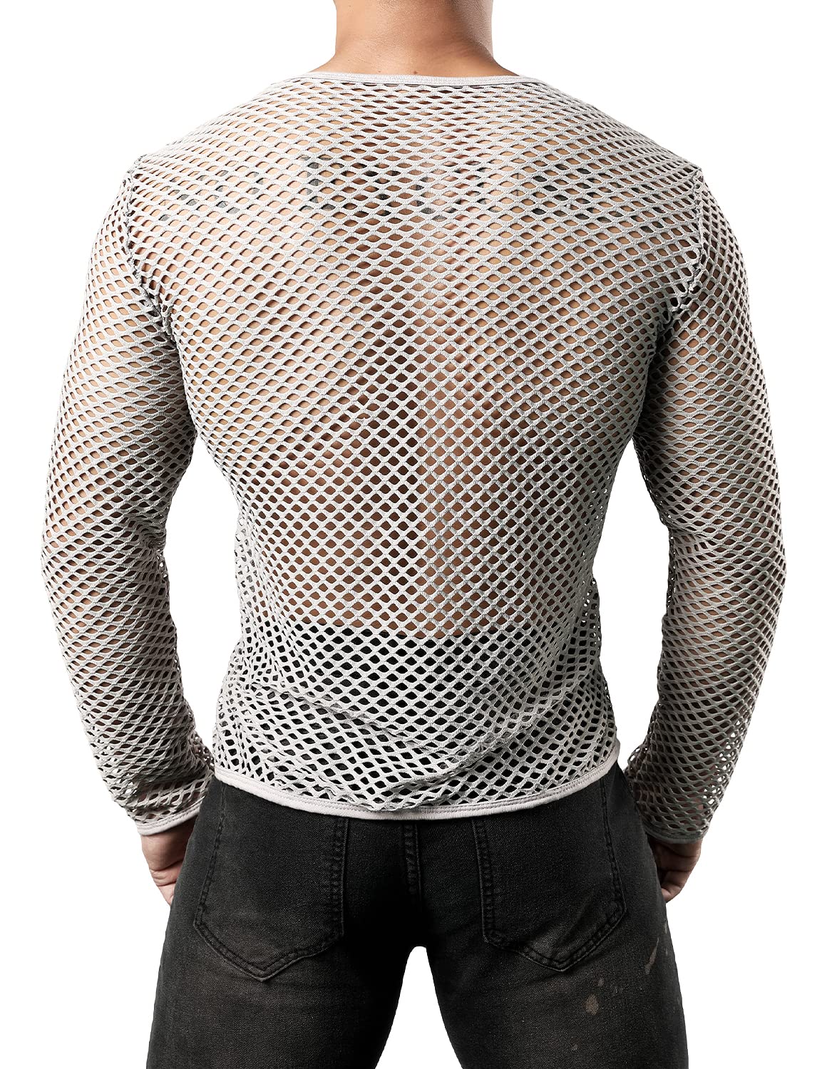 JOGAL Men's Mesh Fishnet Fitted Long Sleeve Muscle Top X-Large WG04 Grey