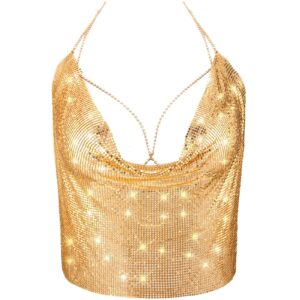 SATINIOR Shiny Tank Top for Women Crystal Body Neck Chain Sequin Tops with Nipple Pasties Double Sided Tape Party(Gold)