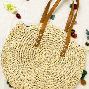 Seamido Straw Bag Handwoven Beach Bags Corn Straw Tote Woven Shoulder Bag For Women (Beige)