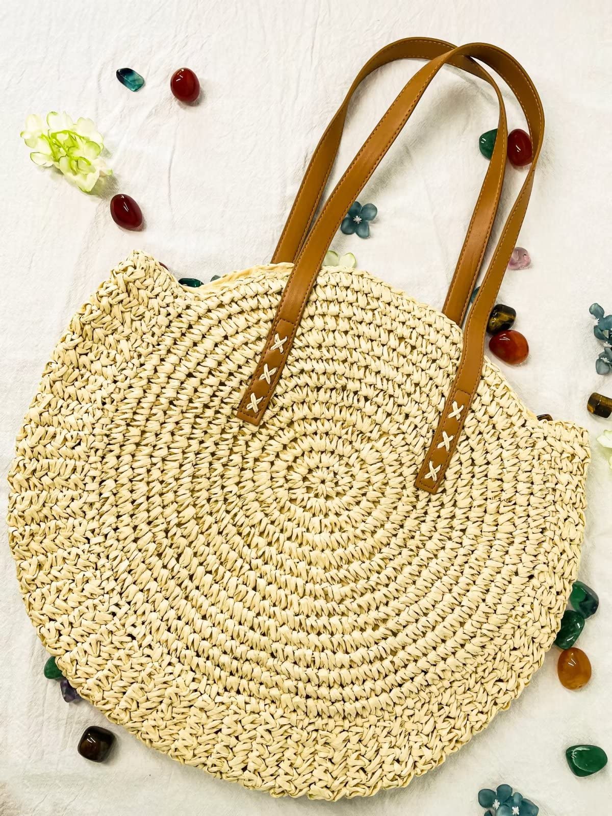 Seamido Straw Bag Handwoven Beach Bags Corn Straw Tote Woven Shoulder Bag For Women (Beige)