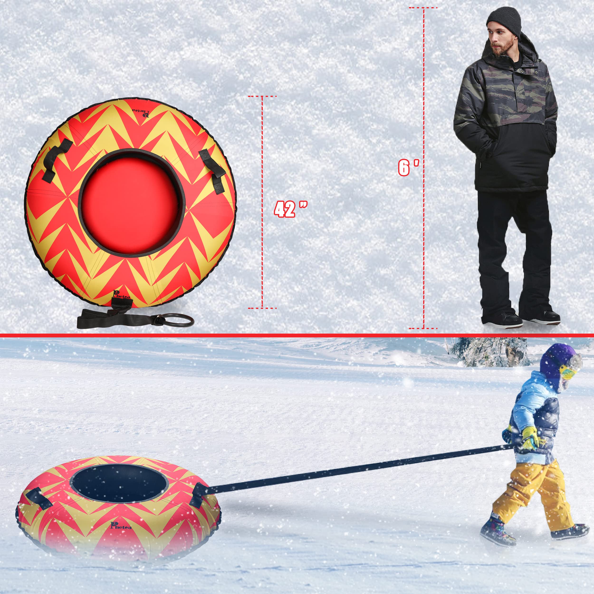 PHETEA Foldable Inflatable Snow Tubes for Sledding Heavy Duty,Towable Snow Tube for Kids and Adults.Commercial Snow Tube,Red