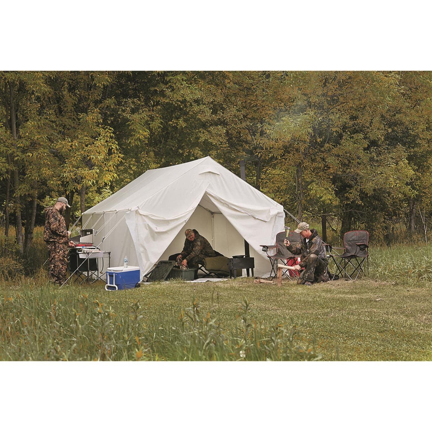 Guide Gear 10x12' Canvas Wall Tent and Frame for Hunting, Outdoor Camping, 4 Season All Weather Tents with Stove Jack Opening