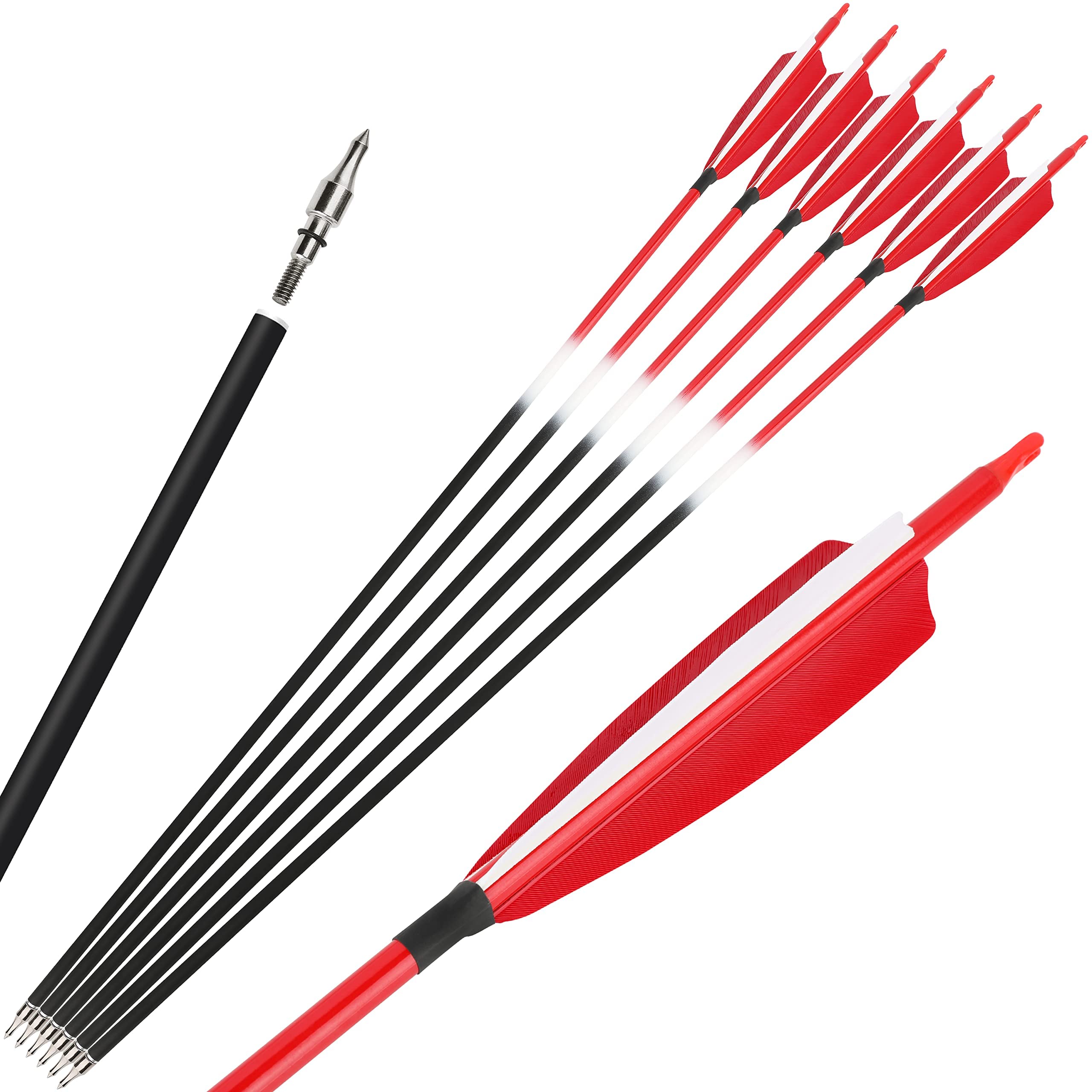 AMEYXGS 12Pcs Archery 30Inch Carbon Arrow Target Practice Hunting Arrow Spine 500 with 5inch Shield Turkey Feather Removable Tips for Traditional Recurve Compound Bow Longbow (Red1, 12)