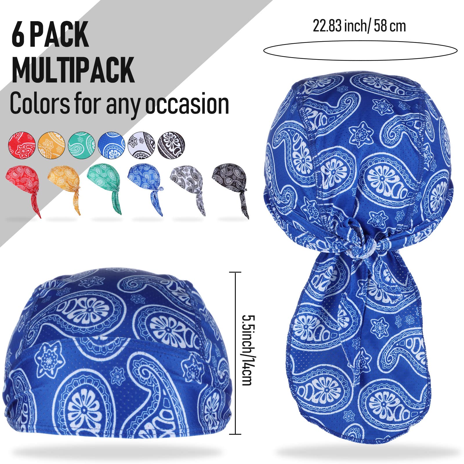 6 Pieces Do Rags Sweat Wicking Beanie Cooling Durags Skull Cap Motorcycle Head Wrap Bandana for Men Women (Paisley)