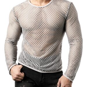 JOGAL Men's Mesh Fishnet Fitted Long Sleeve Muscle Top X-Large WG04 Grey