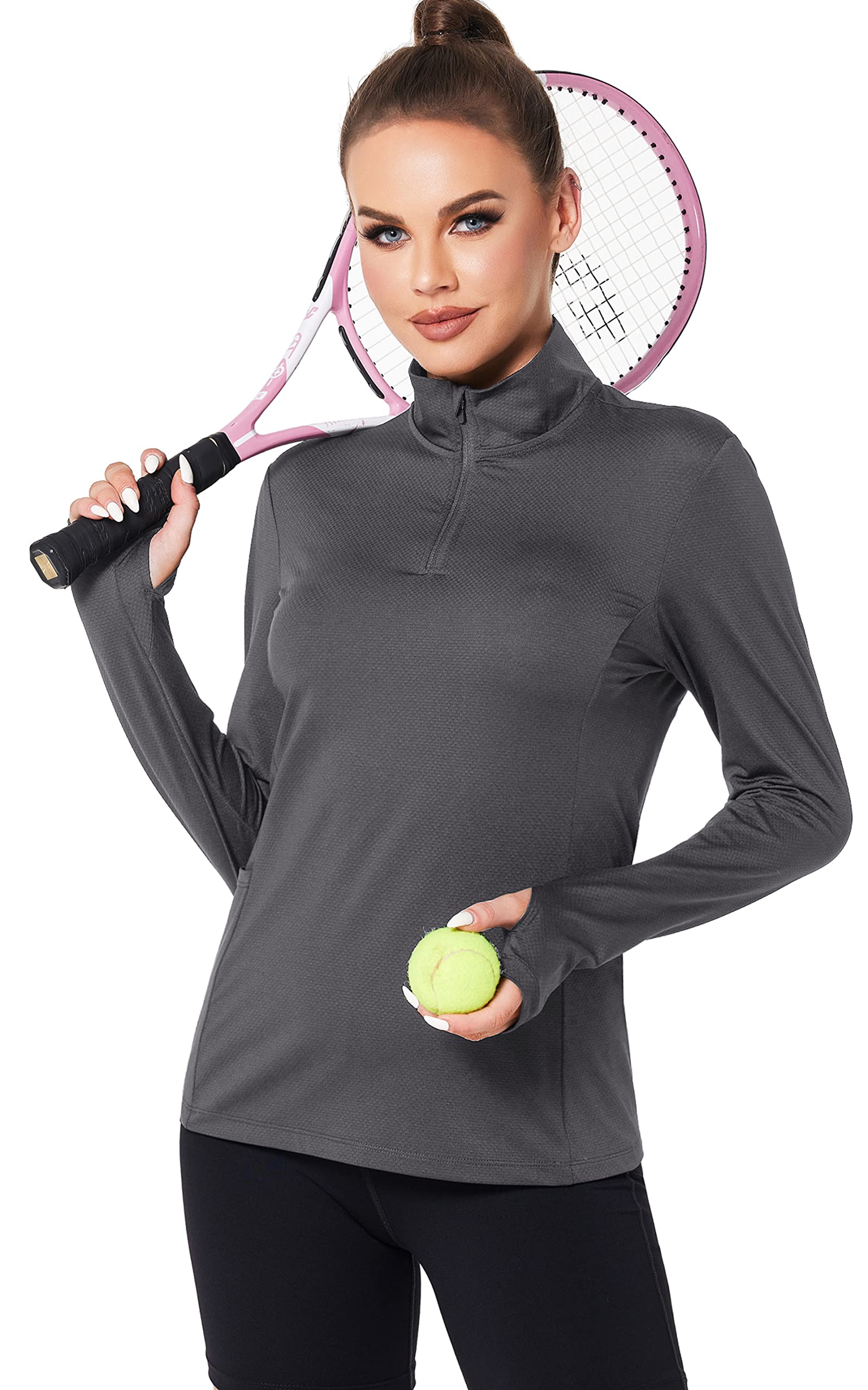 Women Quarter Zip Athletic Pullover Lightweight Long Sleeve Golf Polo Shirts Half Zip Workout Top Grey M