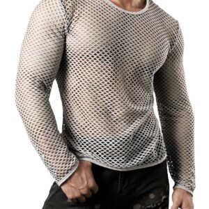 JOGAL Men's Mesh Fishnet Fitted Long Sleeve Muscle Top X-Large WG04 Grey