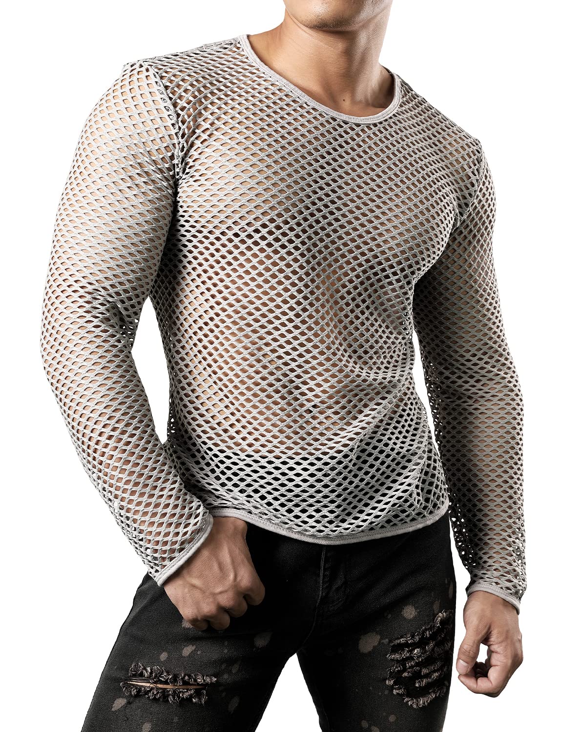 JOGAL Men's Mesh Fishnet Fitted Long Sleeve Muscle Top X-Large WG04 Grey