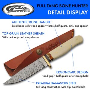 SZCO Supplies 9” Bone Handle Full tang Damascus Steel Outdoor Hunting Knife With Sheath,White